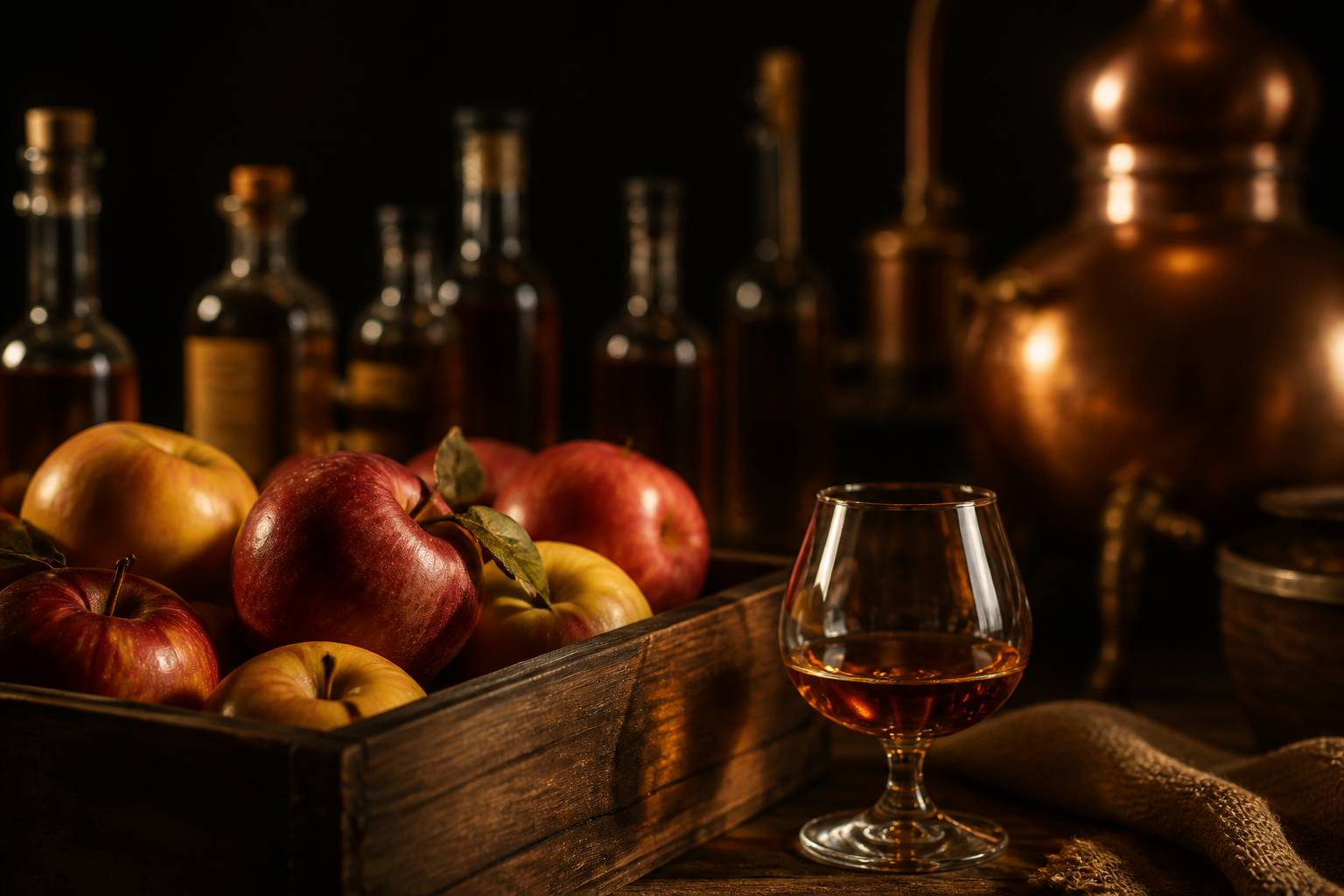 Pommes rouges dans une caisse en bois avec un verre de calvados et un alambic
