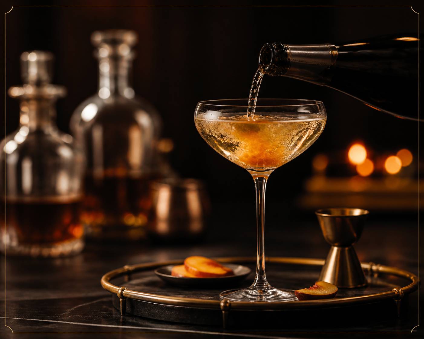 Vin effervescent versé dans un verre de cocktail à la purée de pêche
