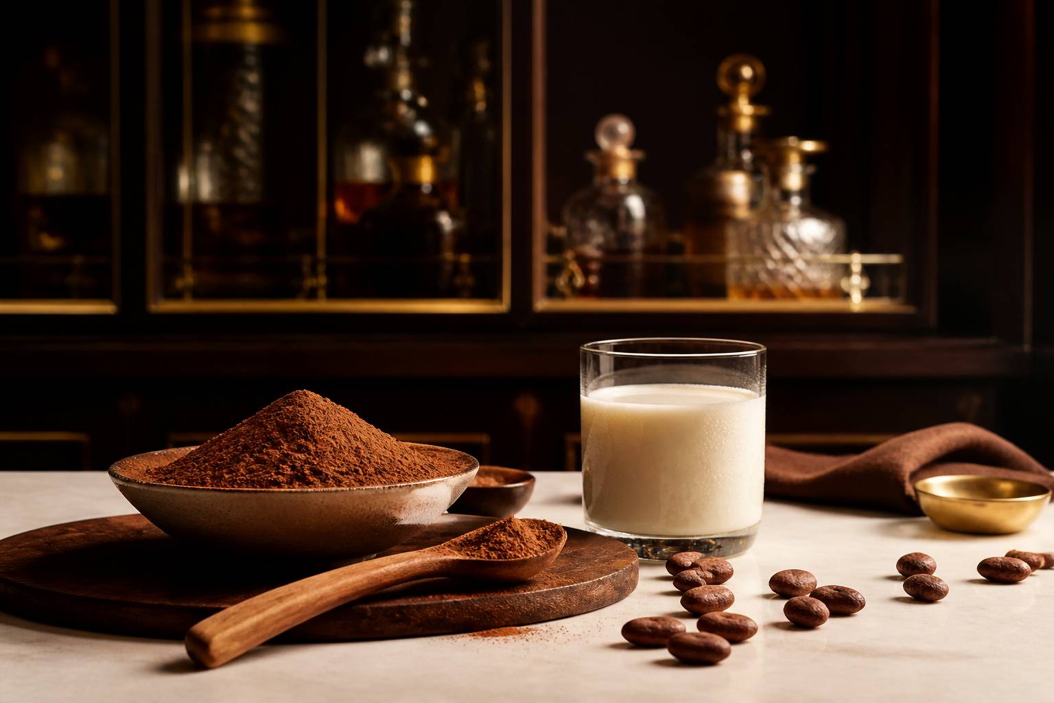 Préparation d'une boisson maltée avec poudre de cacao, lait et cuillère en bois