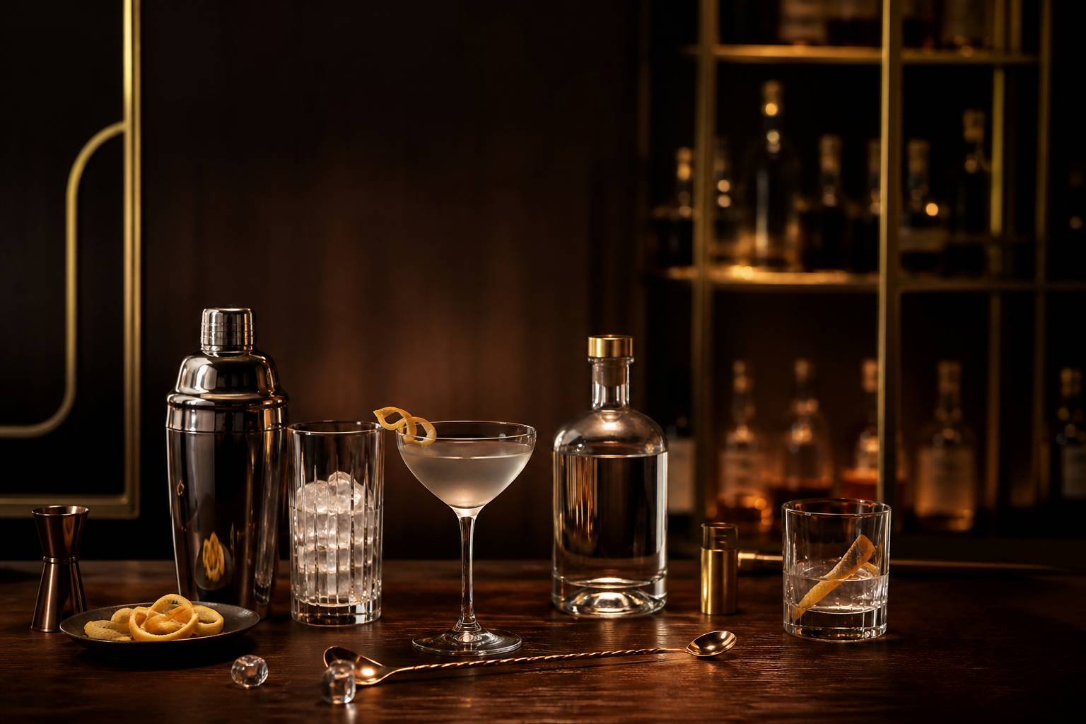 Shaker en inox et verres à cocktail avec bouteille générique de liqueur blanche