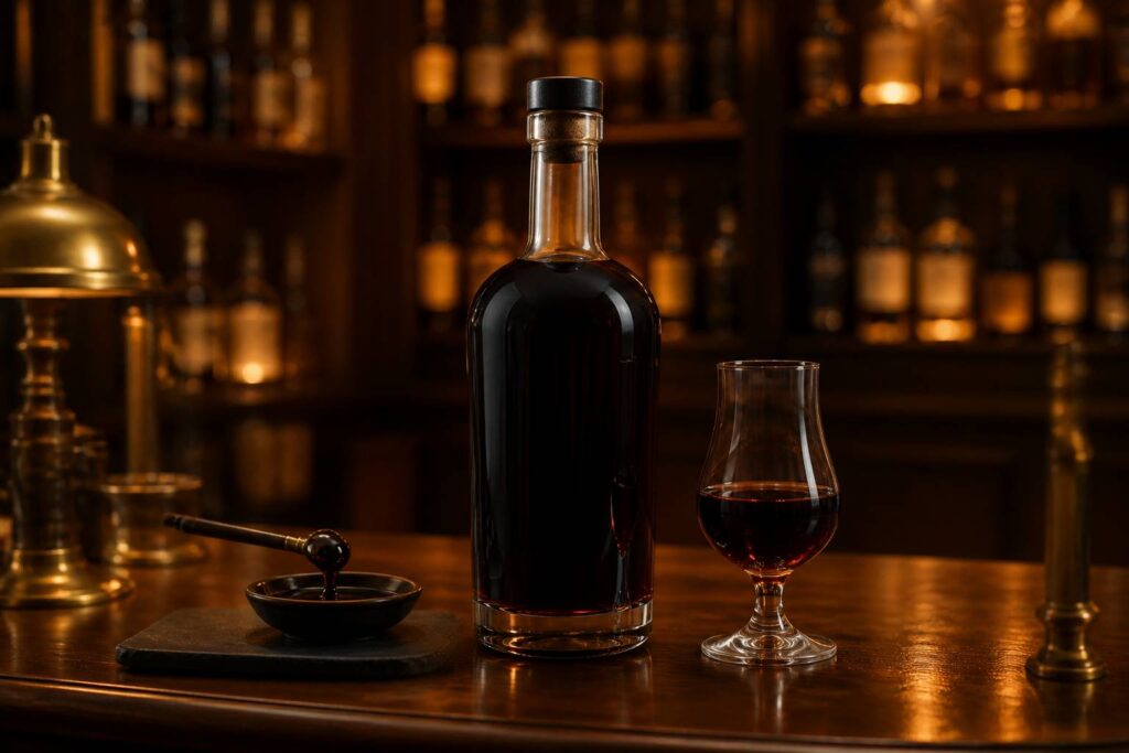 Bouteille en verre sombre et verre de rhum ambré sur un comptoir en bois