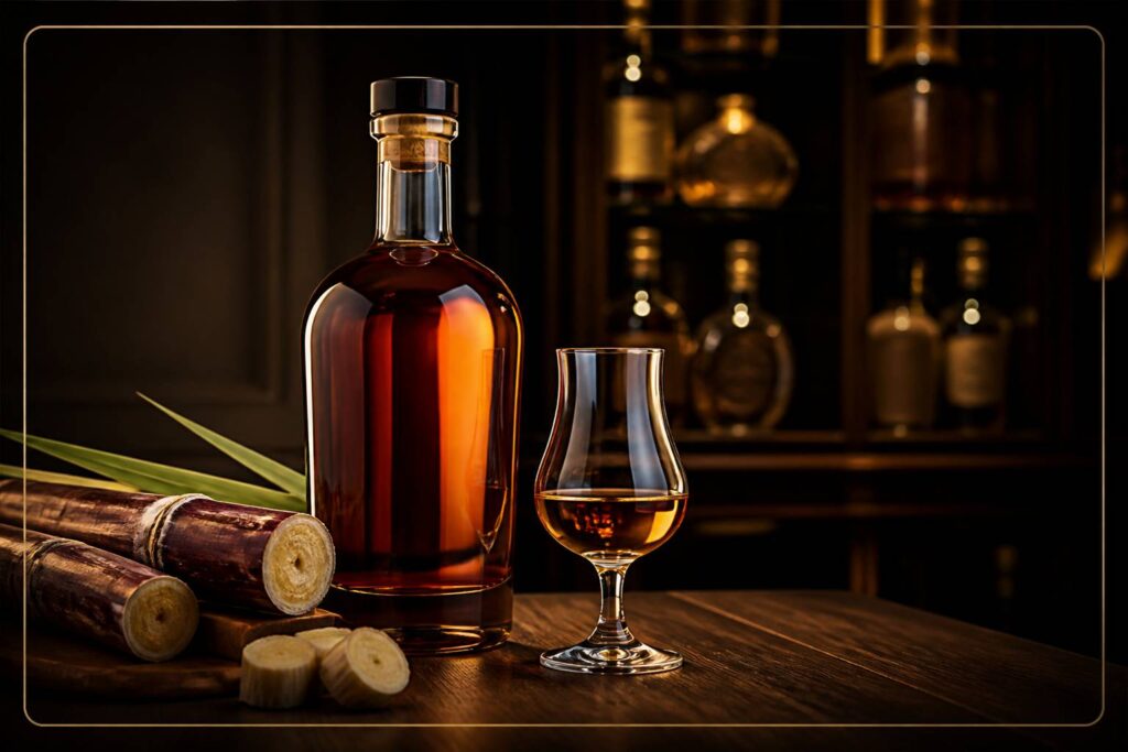 Bouteille de rhum ambré avec canne à sucre dans une cave