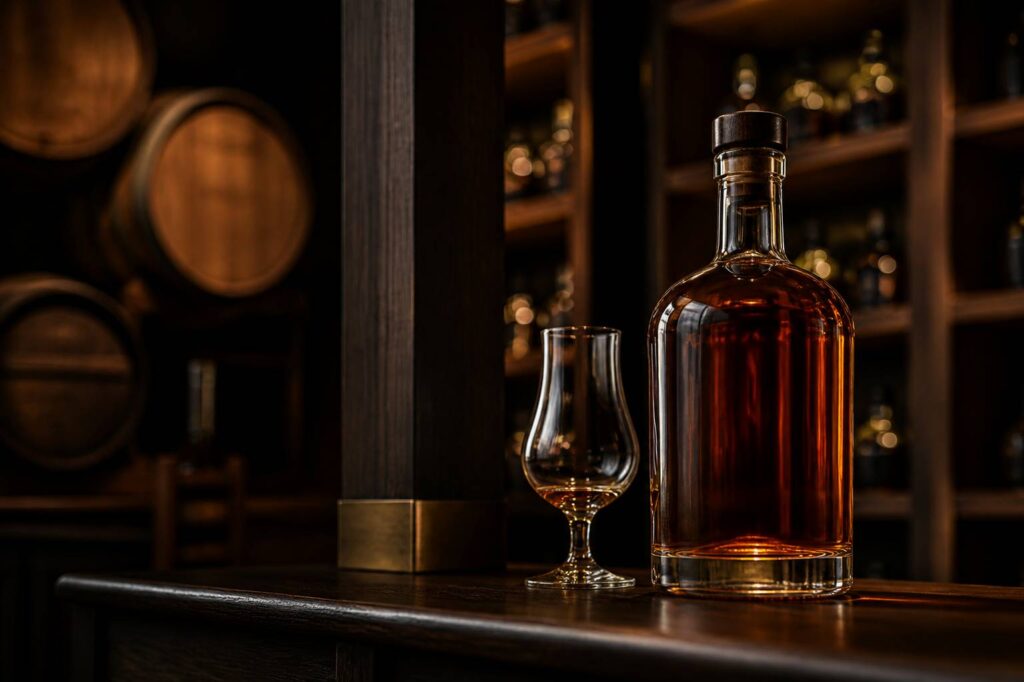 Bouteille de rhum ambré avec un verre dans une cave feutrée
