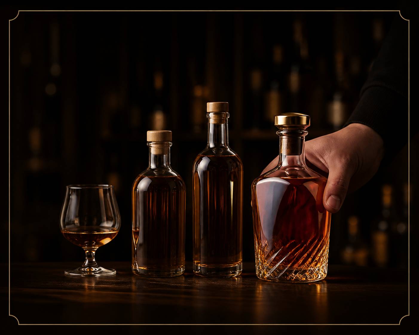 Bouteille de rhum premium posée à côté de deux bouteilles plus simples