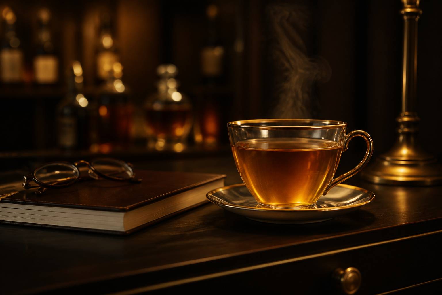 Tasse de tisane fumante sur une table de nuit en bois