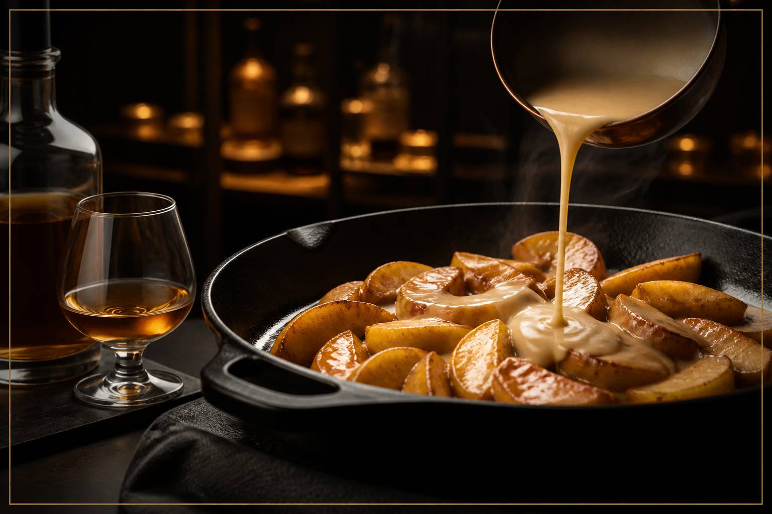 Sauce crémeuse versée sur des pommes avec un verre de calvados sur le plan de travail