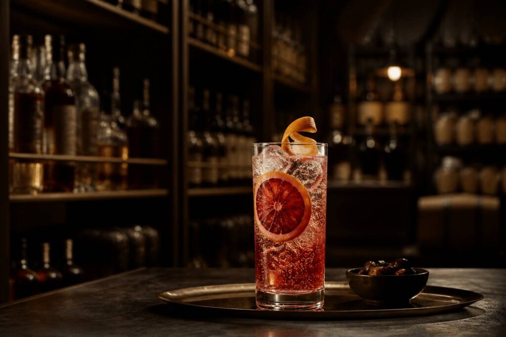 Verre highball avec soda ambré et orange sanguine sur fond sombre