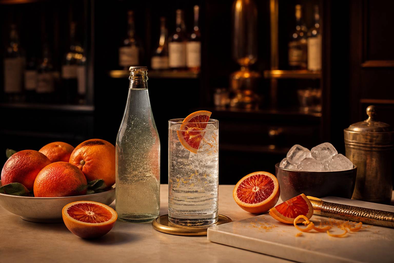 Bouteille générique et oranges sanguines sur plan de préparation