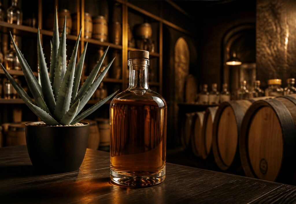 Bouteille de tequila ambrée sur un comptoir en bois sombre avec une plante d'agave
