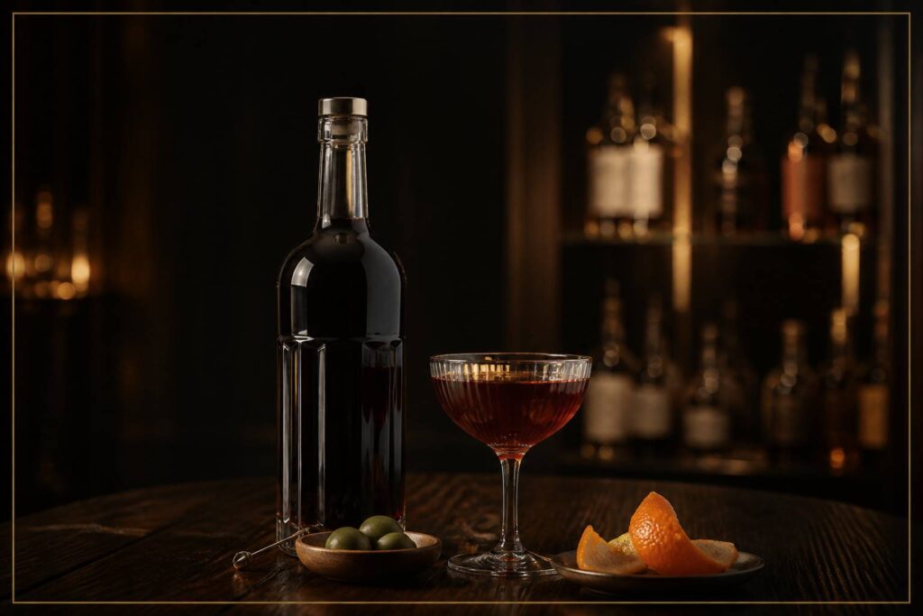 Bouteille de vermouth sans étiquette et verre sur une table en bois sombre
