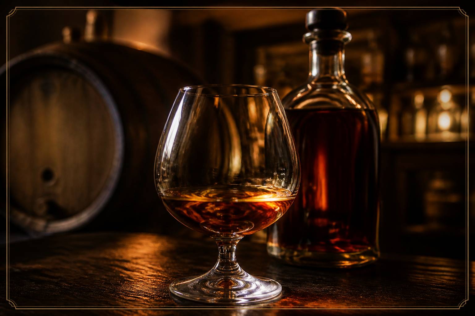 Verre ballon de brandy ambré devant un fût de chêne
