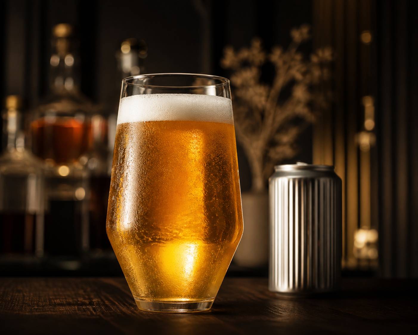 Verre de bière blonde avec mousse et reflets dorés