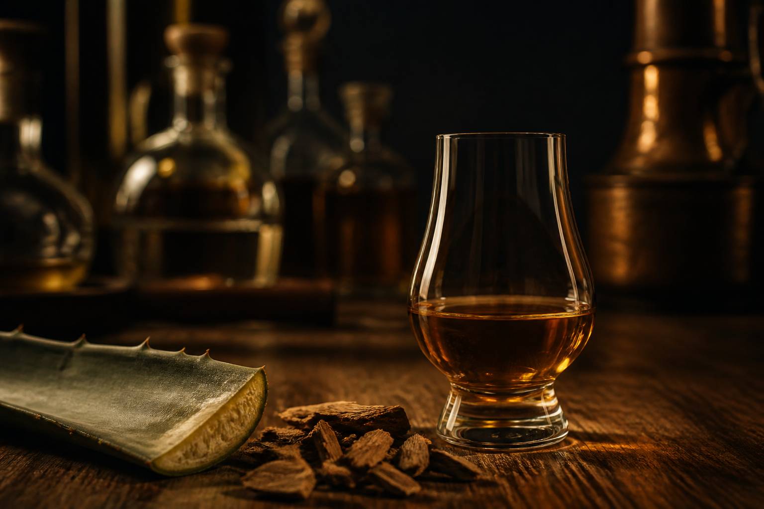 Verre de dégustation de spiritueux ambré avec feuille d'agave et copeaux de chêne