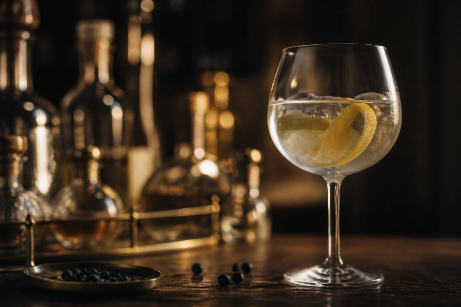 Verre de gin avec un zeste de citron et des baies de genièvre sur un comptoir en bois