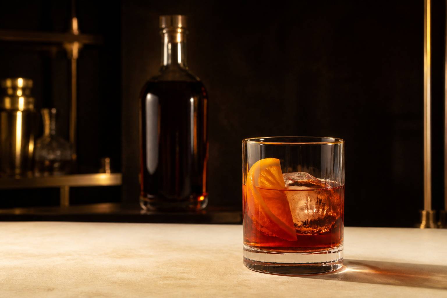 Verre de vermouth rouge avec glaçon et tranche d'orange