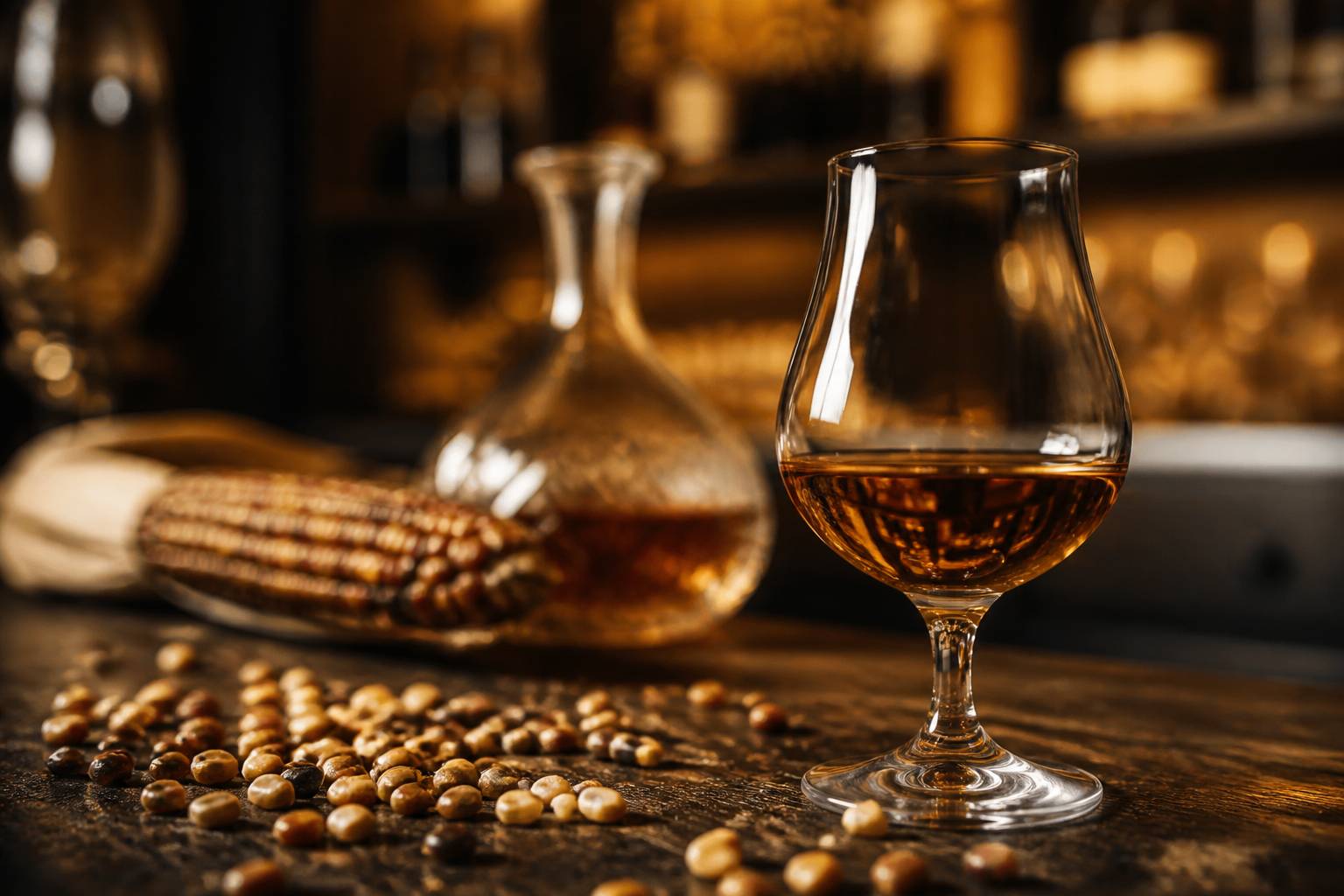 Verre de whisky ambré avec des grains de maïs