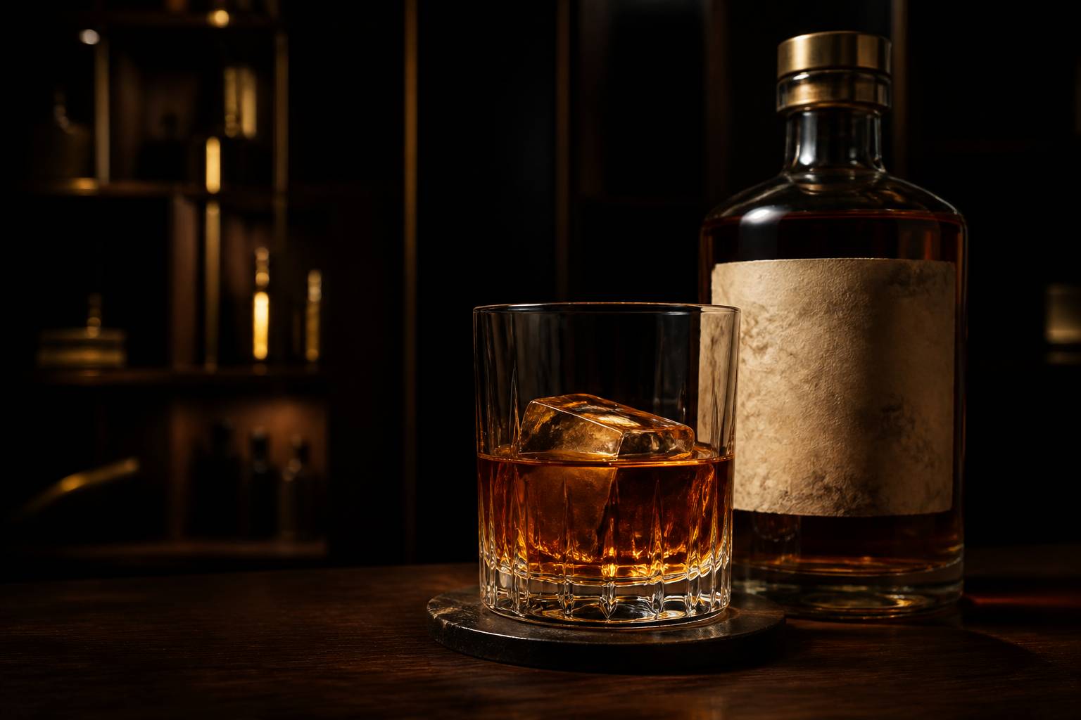 Verre de whisky ambré avec glaçon et bouteille japonaise générique en arrière-plan
