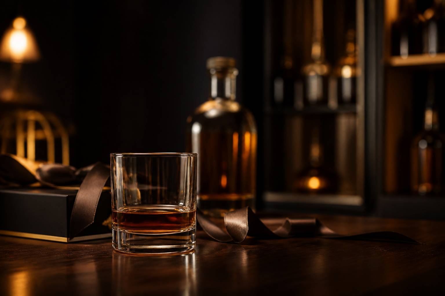 Verre de whisky ambré avec un ruban cadeau et une bouteille en arrière-plan