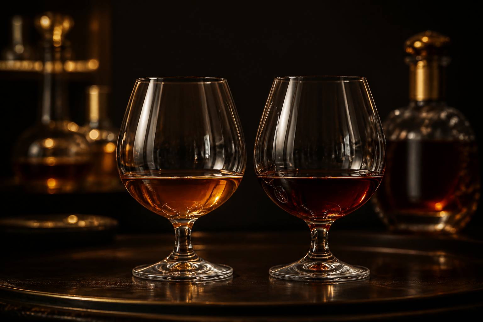 Deux verres ballon comparant la robe claire de l'armagnac et la robe acajou du cognac