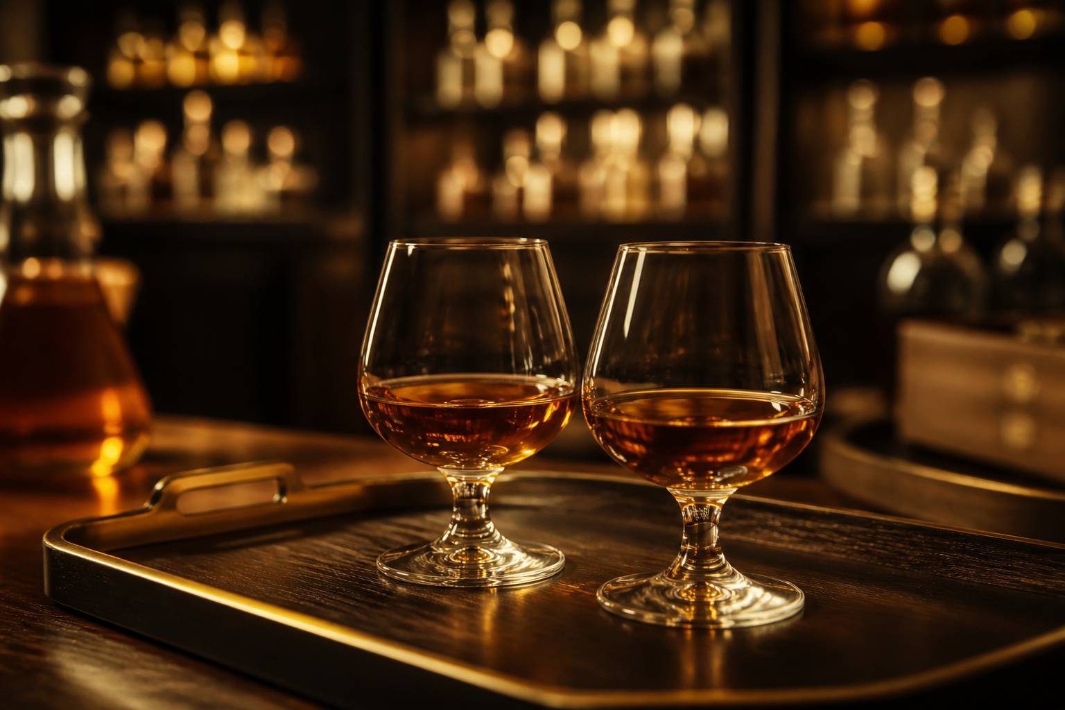 Deux verres de dégustation en cristal avec un liquide ambré sur du bois sombre
