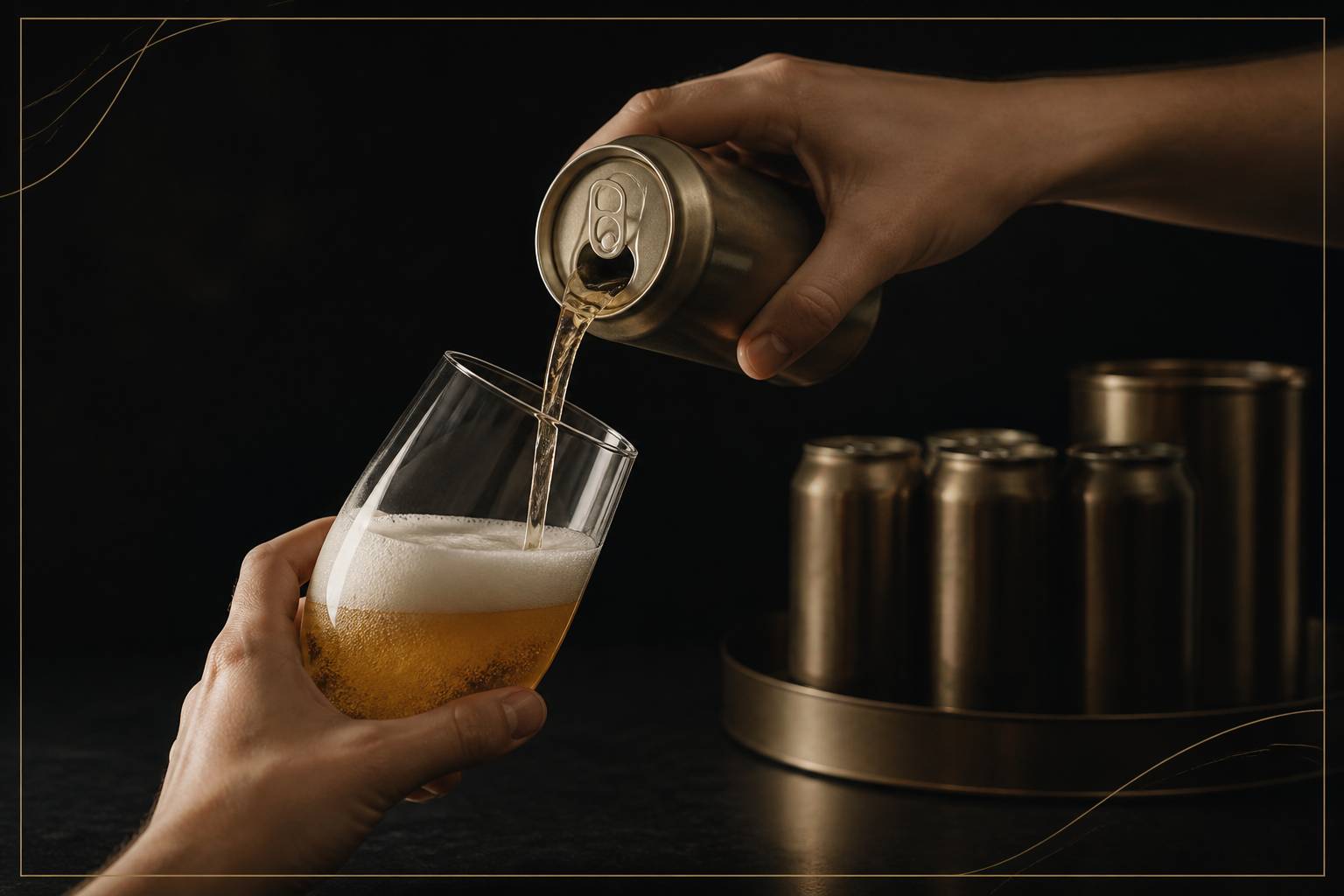 Mains versant une bière blonde dans un verre incliné