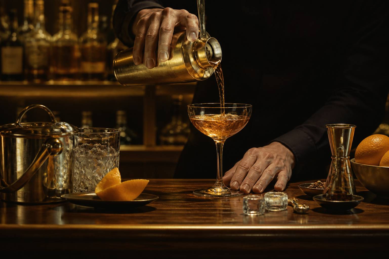 Mains anonymes versant un cocktail ambré d'un shaker en laiton dans un verre