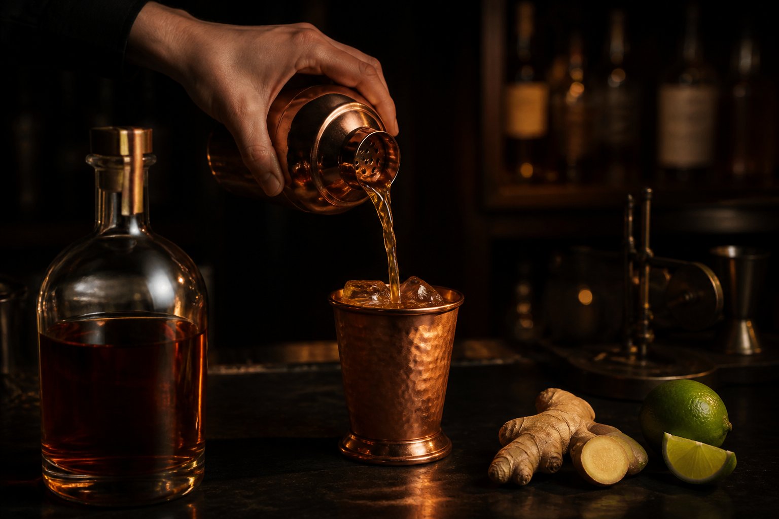 Main versant un cocktail ambré sur des glaçons dans un verre en cuivre