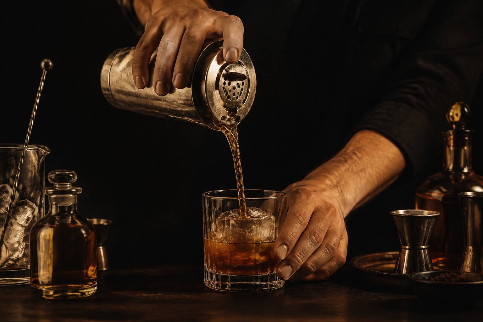 Barman versant un cocktail ambré d'un shaker dans un verre