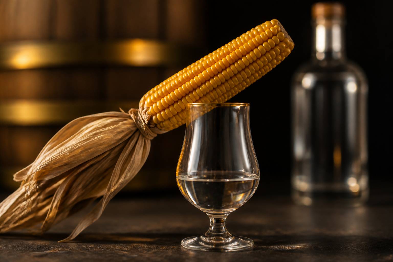 Verre de dégustation de vodka avec un épi de maïs doré au premier plan
