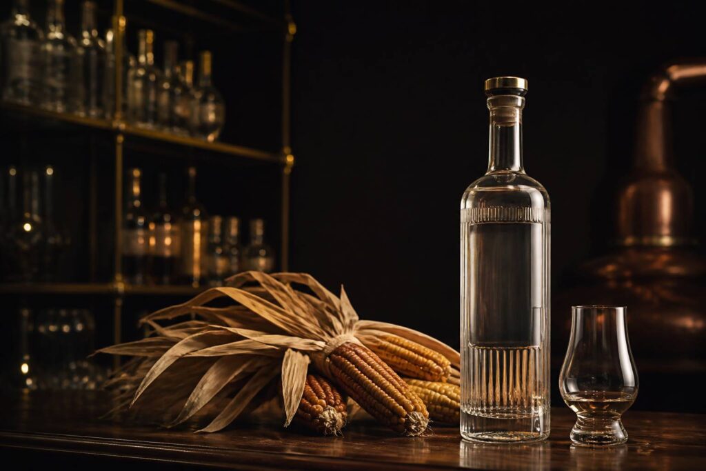 Bouteille de vodka générique avec épis de maïs sur comptoir en bois sombre