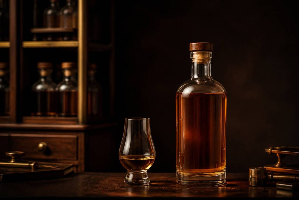 Bouteille de whisky écossais générique avec verre de dégustation ambré dans une cave feutrée