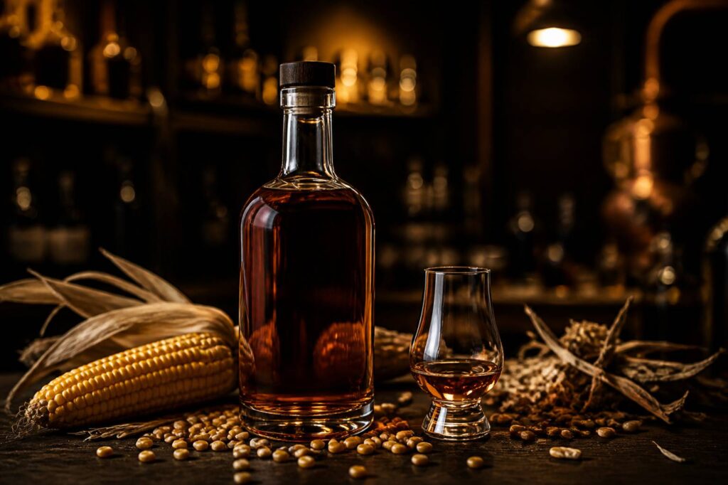 Bouteille de whisky avec épis de maïs et verre ambré