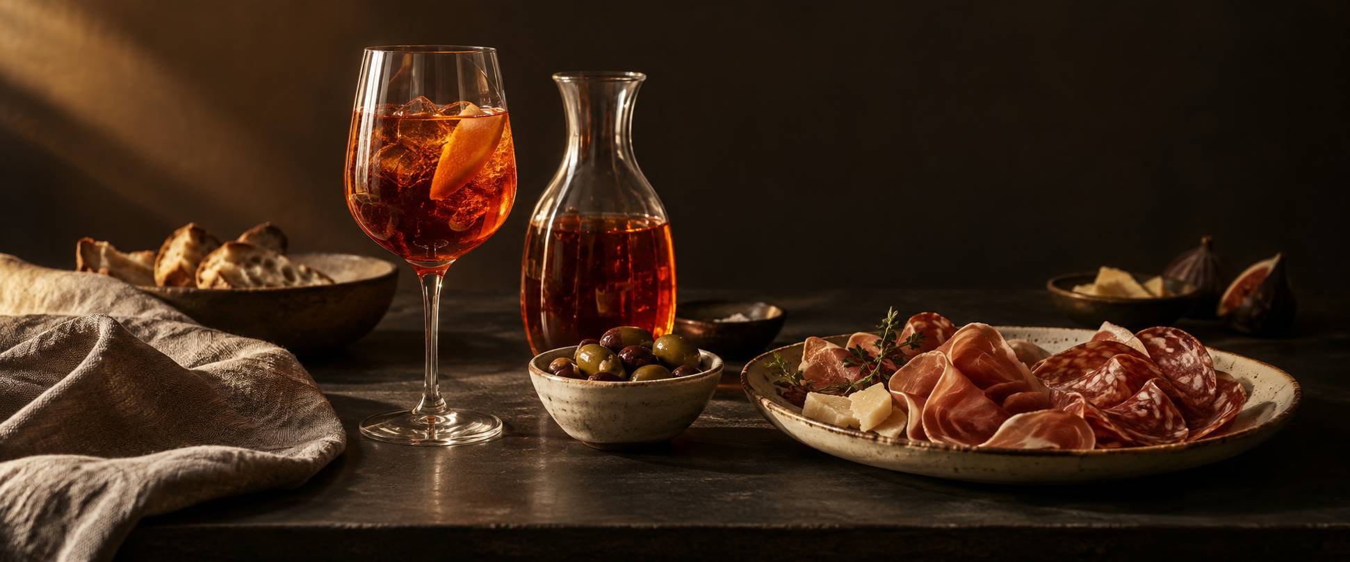 Table d'apéritif italien avec verre rouge, olives et charcuterie