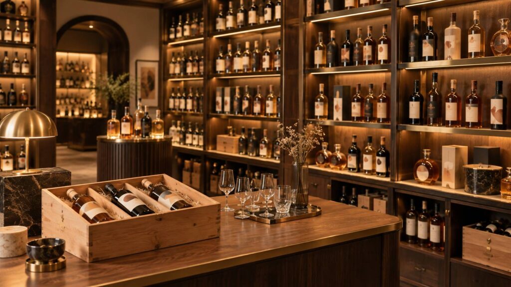Boutique de vins et spiritueux avec des bouteilles alignées sur des étagères
