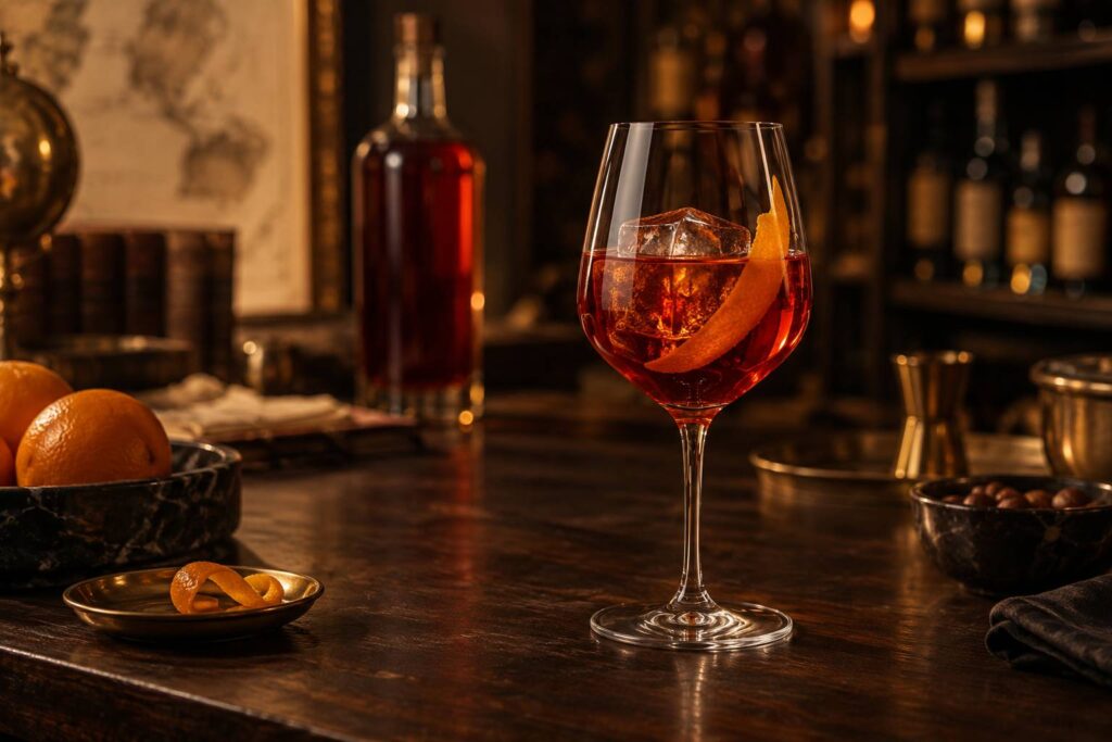 Verre d'apéritif rouge ambré avec glaçon et zeste d'orange