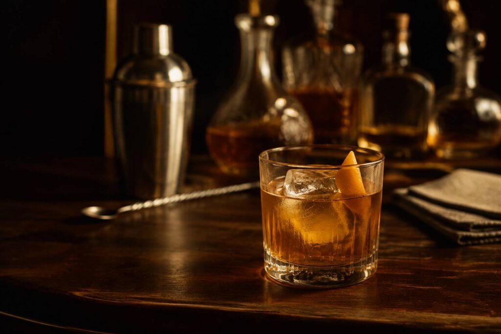 Cocktail ambré avec glaçon et zeste d'orange posé sur un comptoir de bar en bois