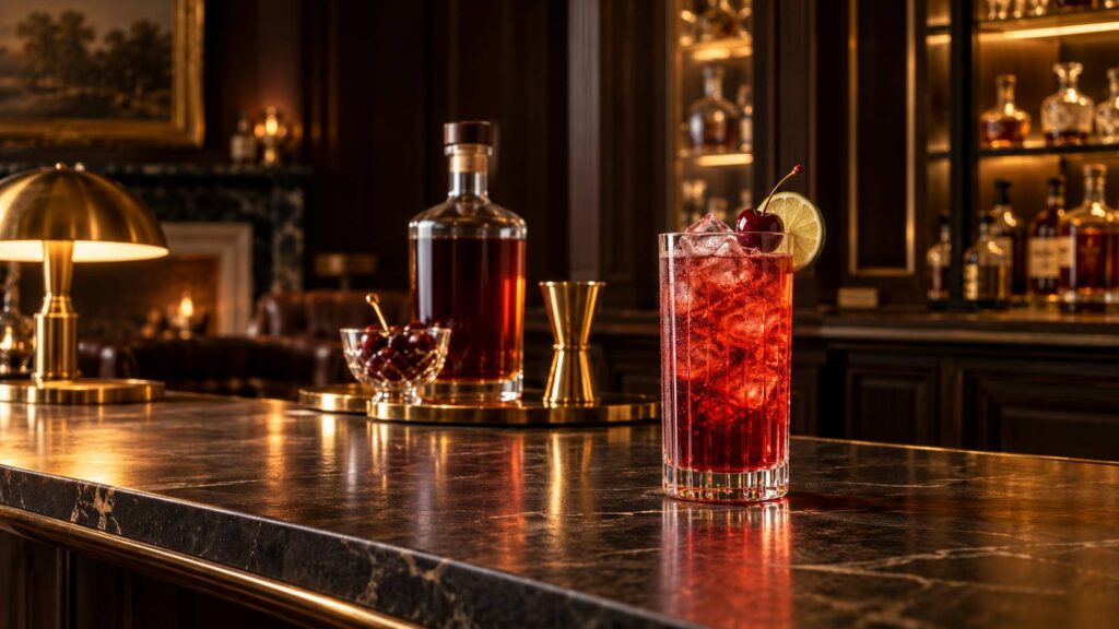 Cocktail rouge a la cerise servi dans un verre Collins glace