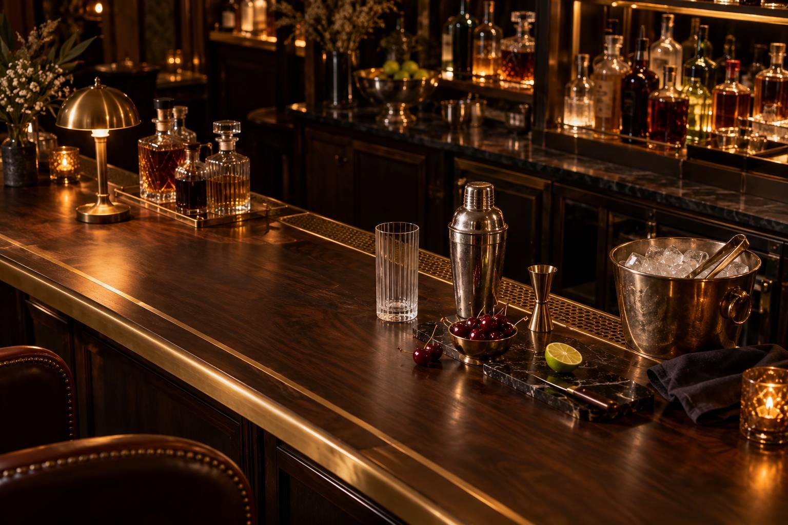 Shaker, cerises fraiches et citron vert sur un comptoir de bar sombre