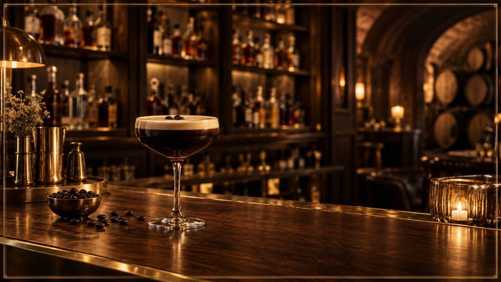 Cocktail au cafe mousseux sur un comptoir en bois et laiton