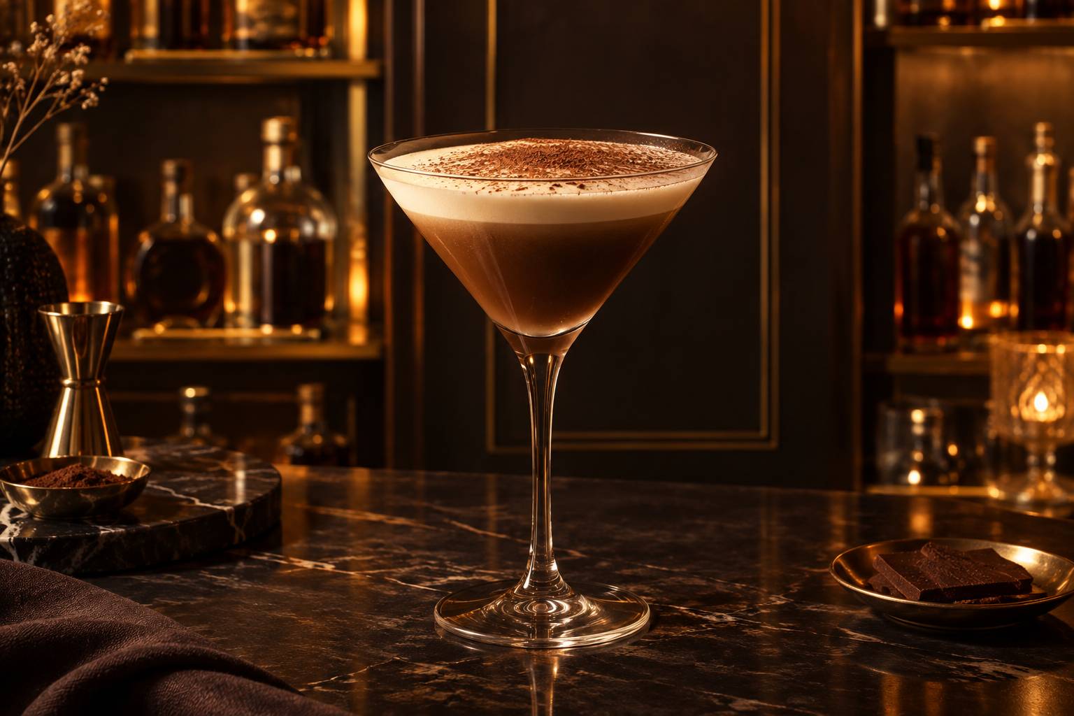Cocktail mousseux dans un verre en V sur fond sombre uni