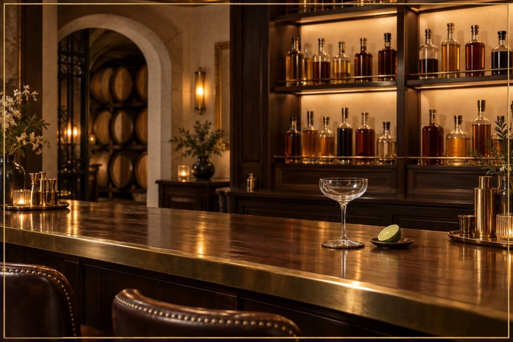 Bar tamise avec flacons sans etiquette et verre a cocktail vide