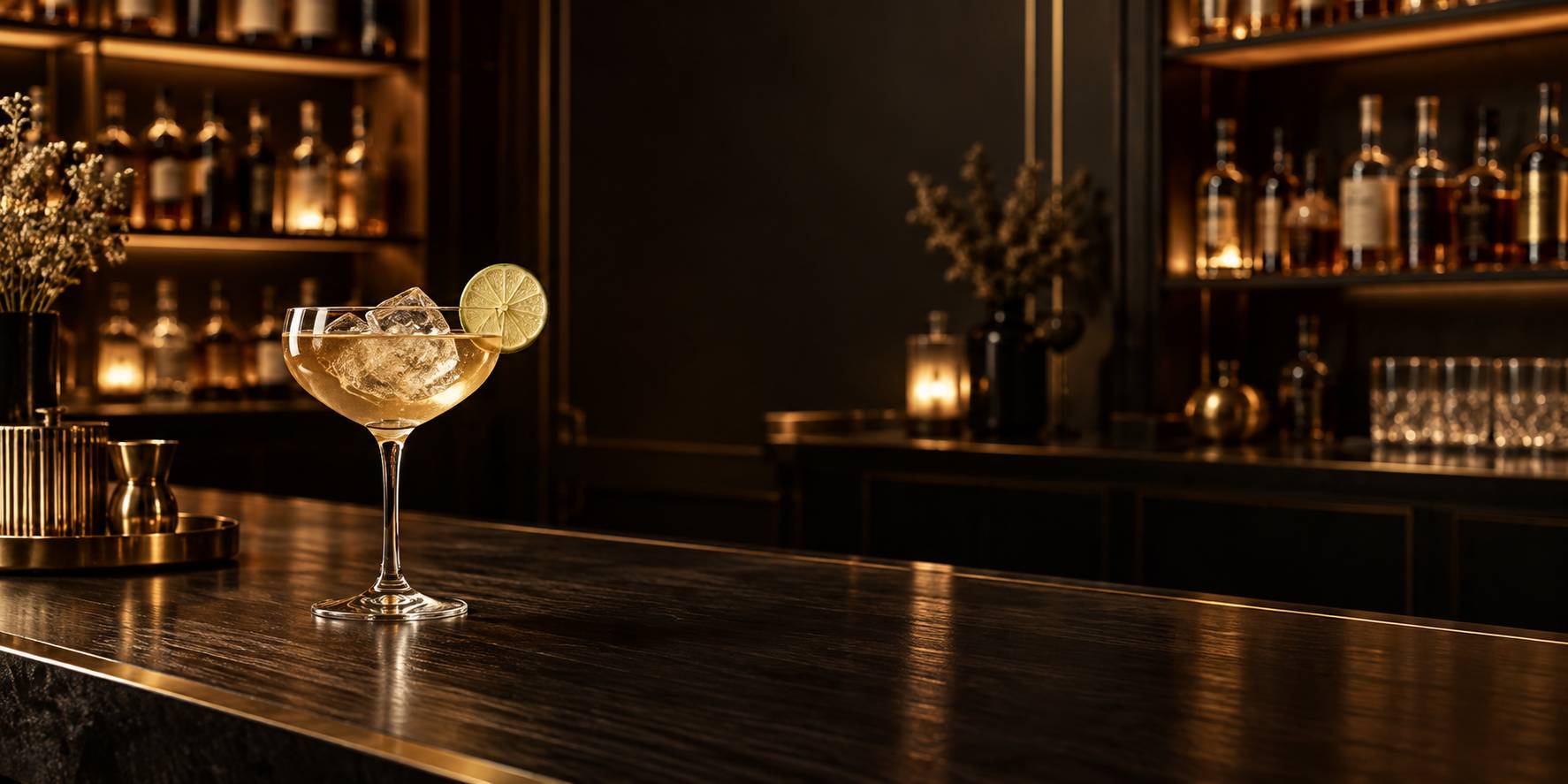 Cocktail clair avec citron vert dans un verre a pied sur comptoir sombre