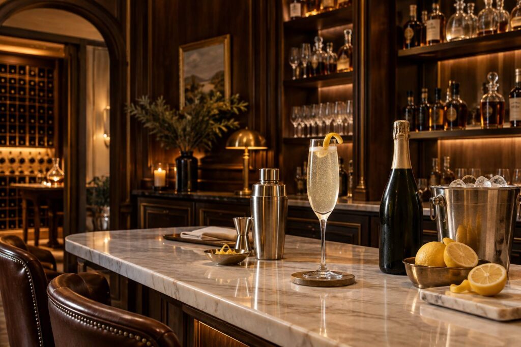 Flûte de cocktail pétillant garnie d'un zeste de citron sur un comptoir en marbre