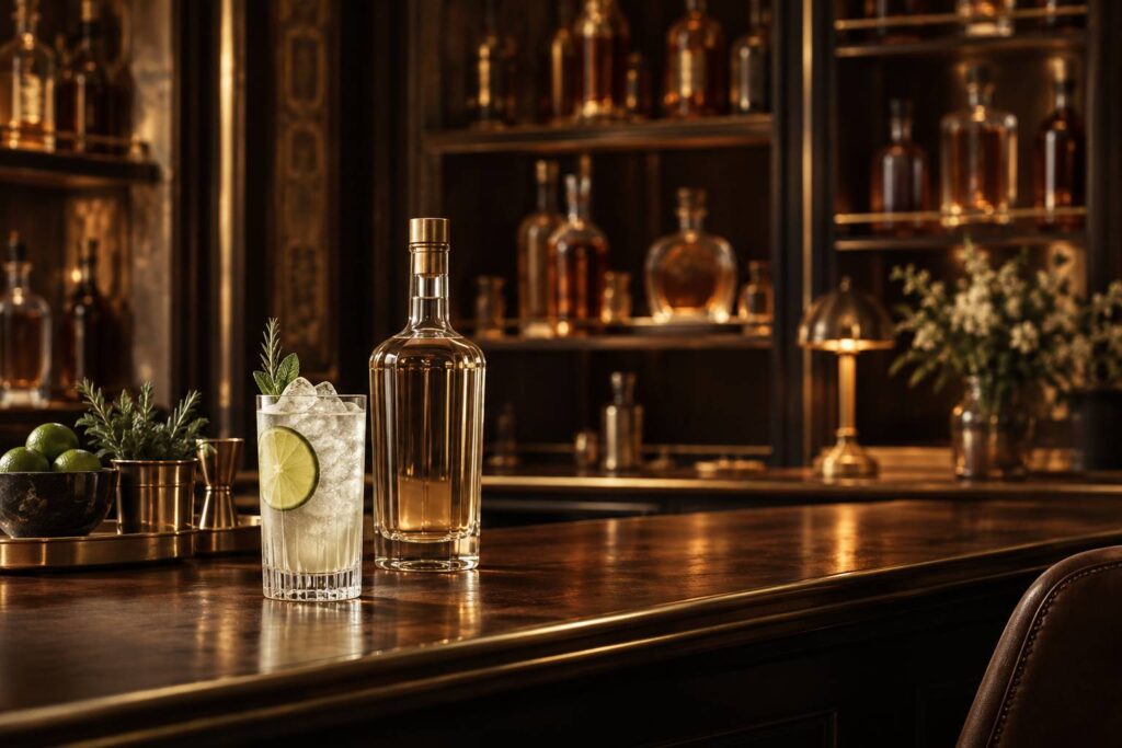 Verre haut de cocktail clair au citron vert sur comptoir sombre