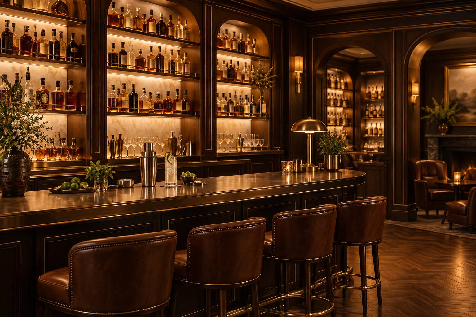 Bar de maison avec shaker et verre allongé aux herbes fraîches