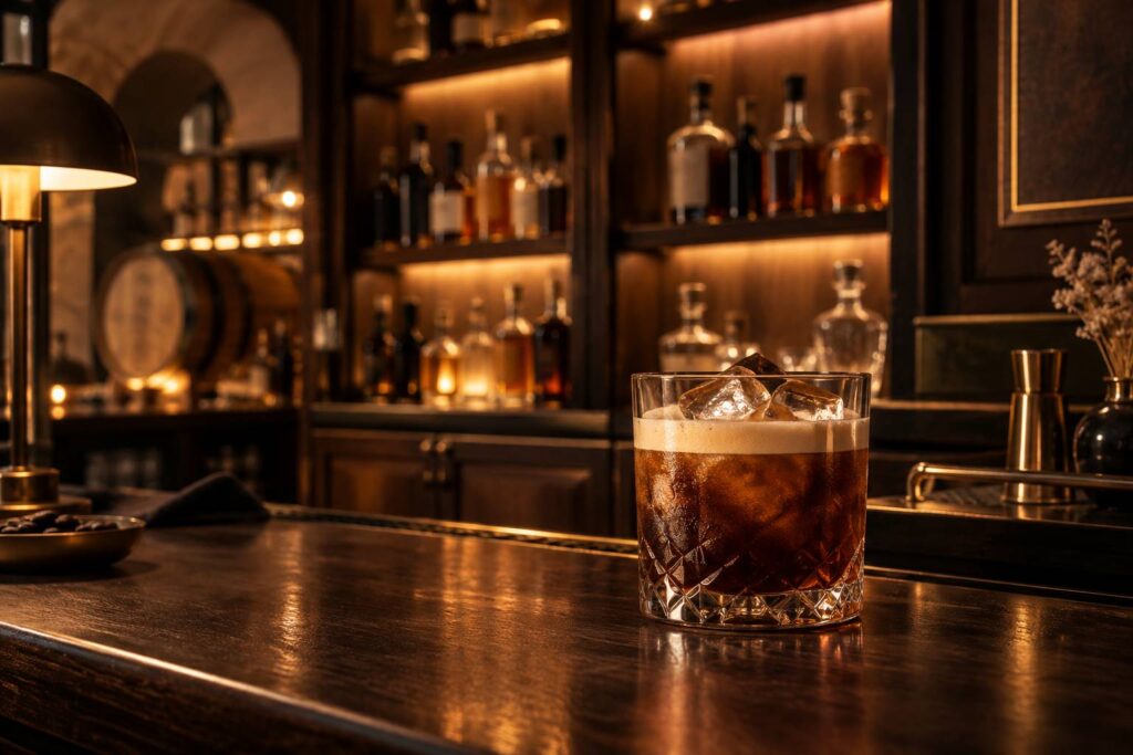 Verre de cocktail au cafe glace pose sur un comptoir de bar tamise