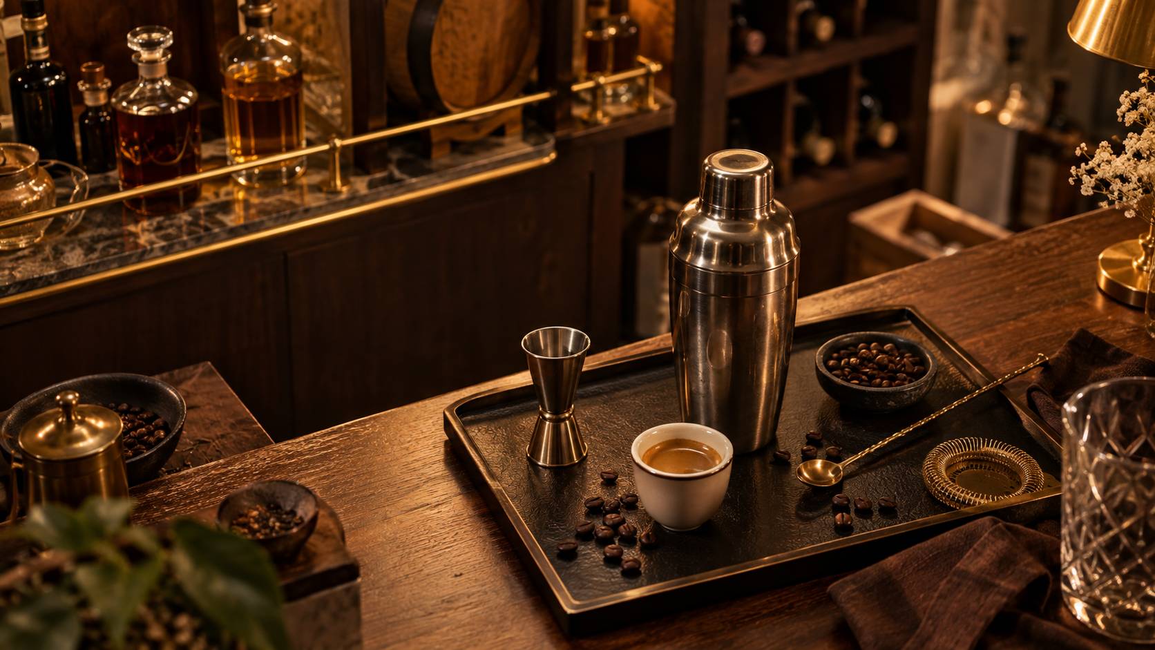 Shaker, verre doseur et tasse a espresso sur un plateau sombre