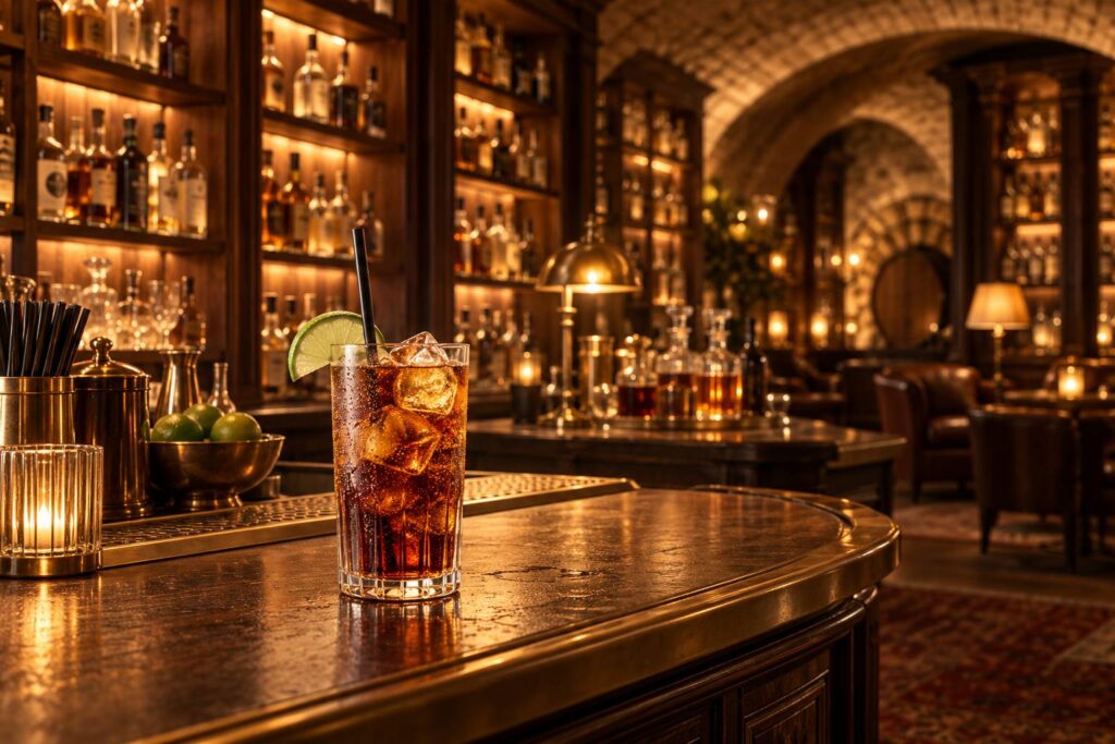 Verre highball de rhum-cola frais avec glace et citron vert