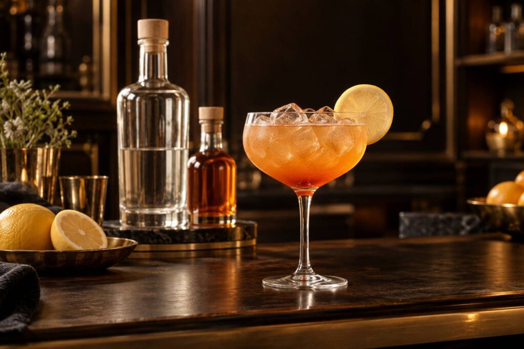 Vue large d'un cocktail Tequila Daisy dans un verre à pied rempli de glaçons, robe orangée translucide nuancée