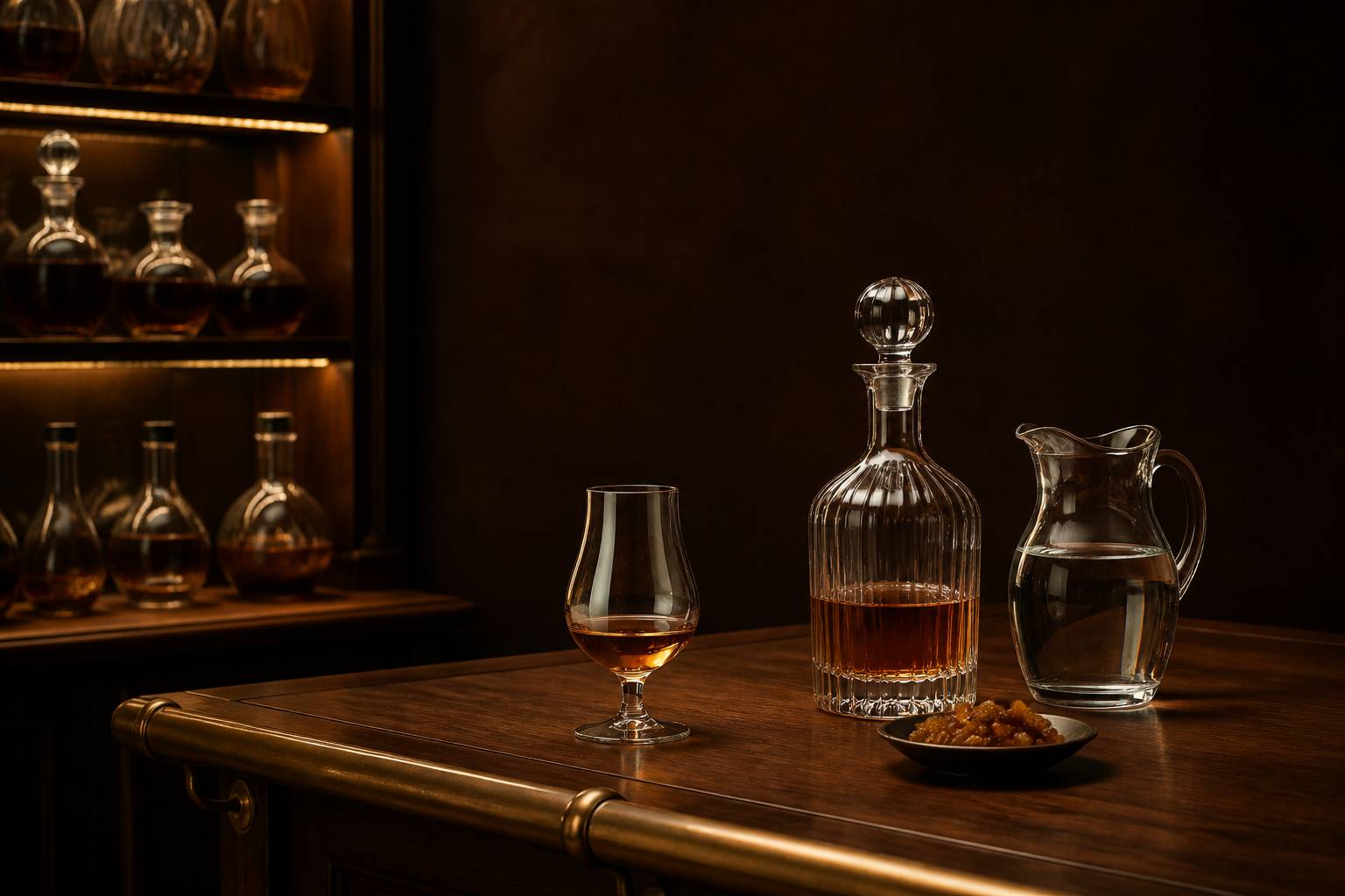Verre de dégustation de brandy ambré et carafe en cristal sur fond sombre